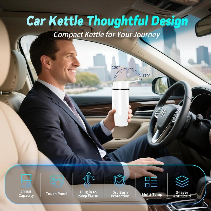 FVPE Car Electric Kettle for Travel : 12V/24V Small Electric Water Kettle, Multi-Temp Control 400 mL Portable Car Water Boiler for Brewing Coffee Tea,LCD Display 304 Stainless Steel Truck Heating Cup - Image 2